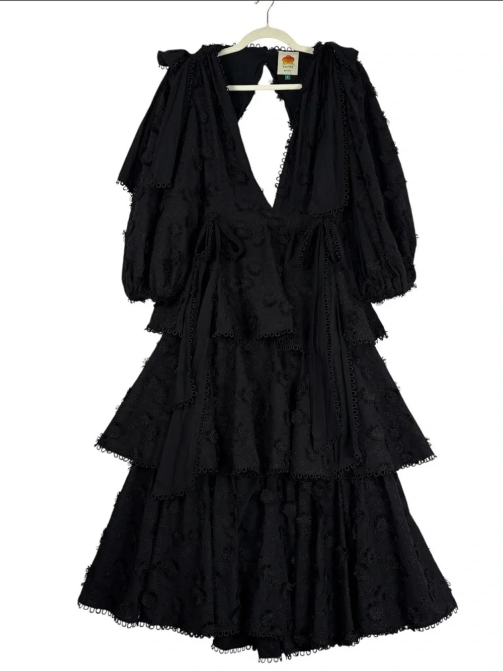 FARM RIO Black Flowers Textured Tiered Ruffle Midi-Dress Sz S Victorian Prairie - Picture 5 of 16